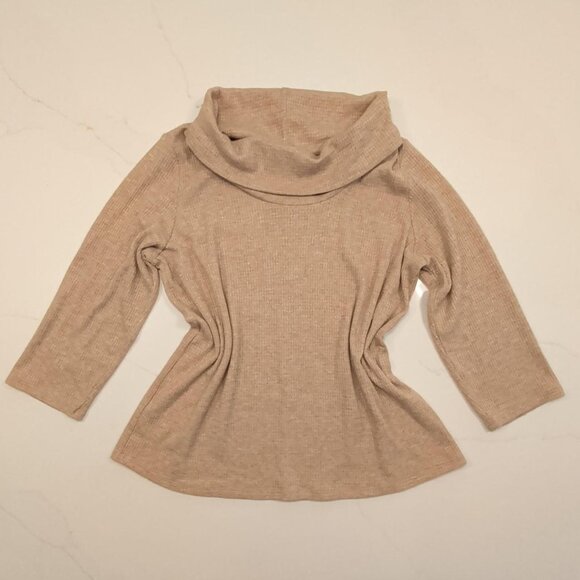 J Jill Sz M Wearever Top Women Waffle Knit Tunic Cowl Neck Tan 3/4 Sleeve Boho - Picture 1 of 10